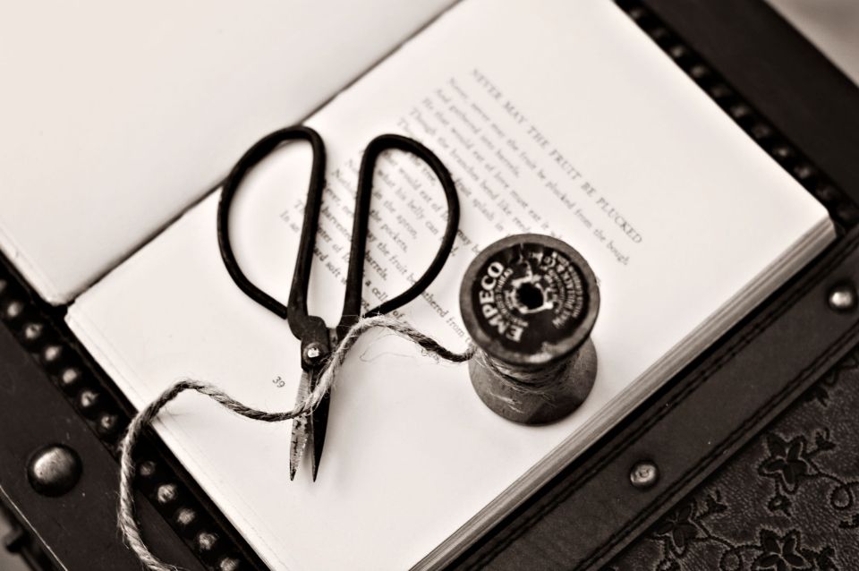 Black fabric scissors and a spool of thread on an open notebook